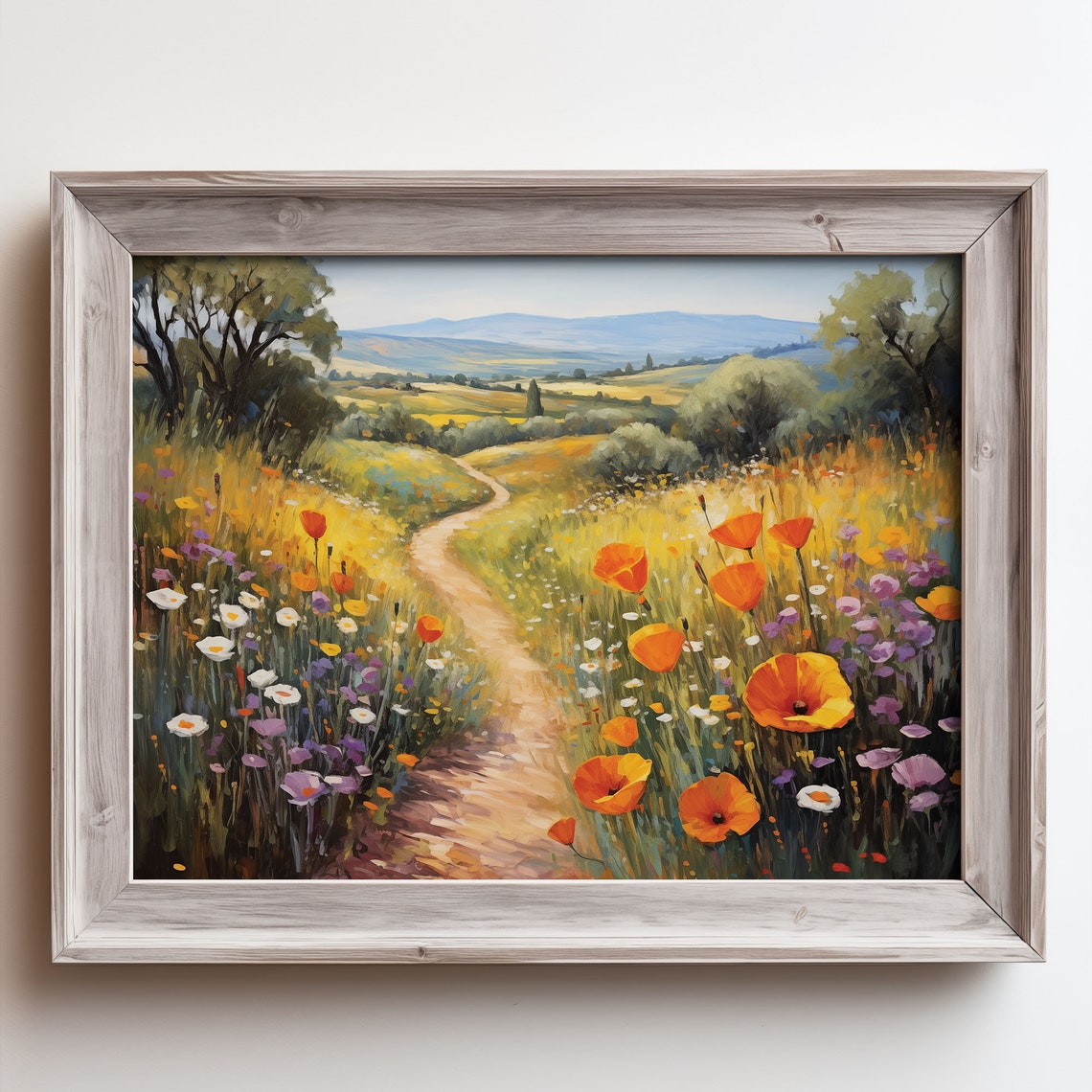 Orange Poppy Country Path Rolling Hills Vintage Oil Painting Poster