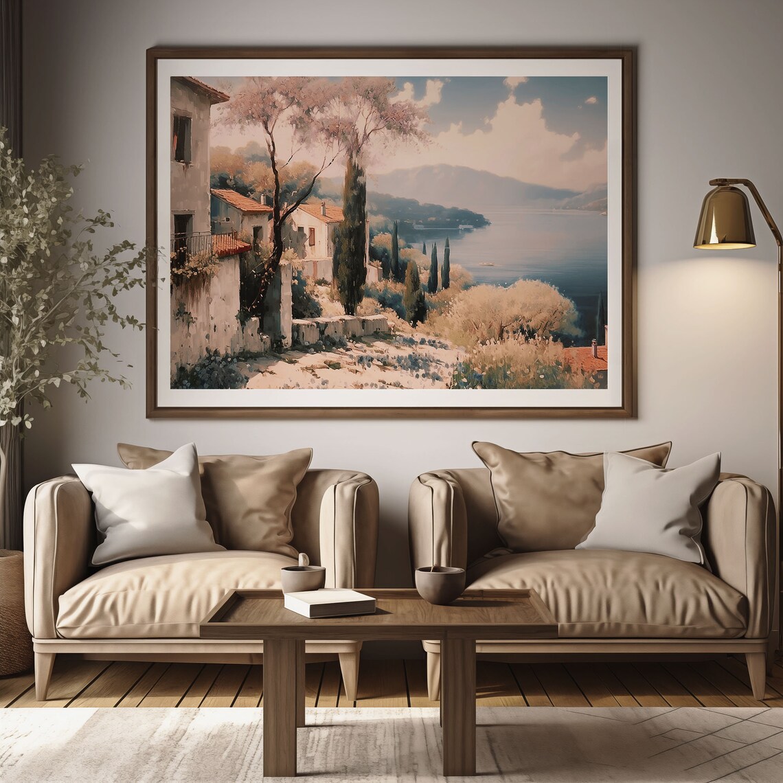Cypress Trees on Hillside Houses Above Calm Sea Oil Painting Poster - Image 2