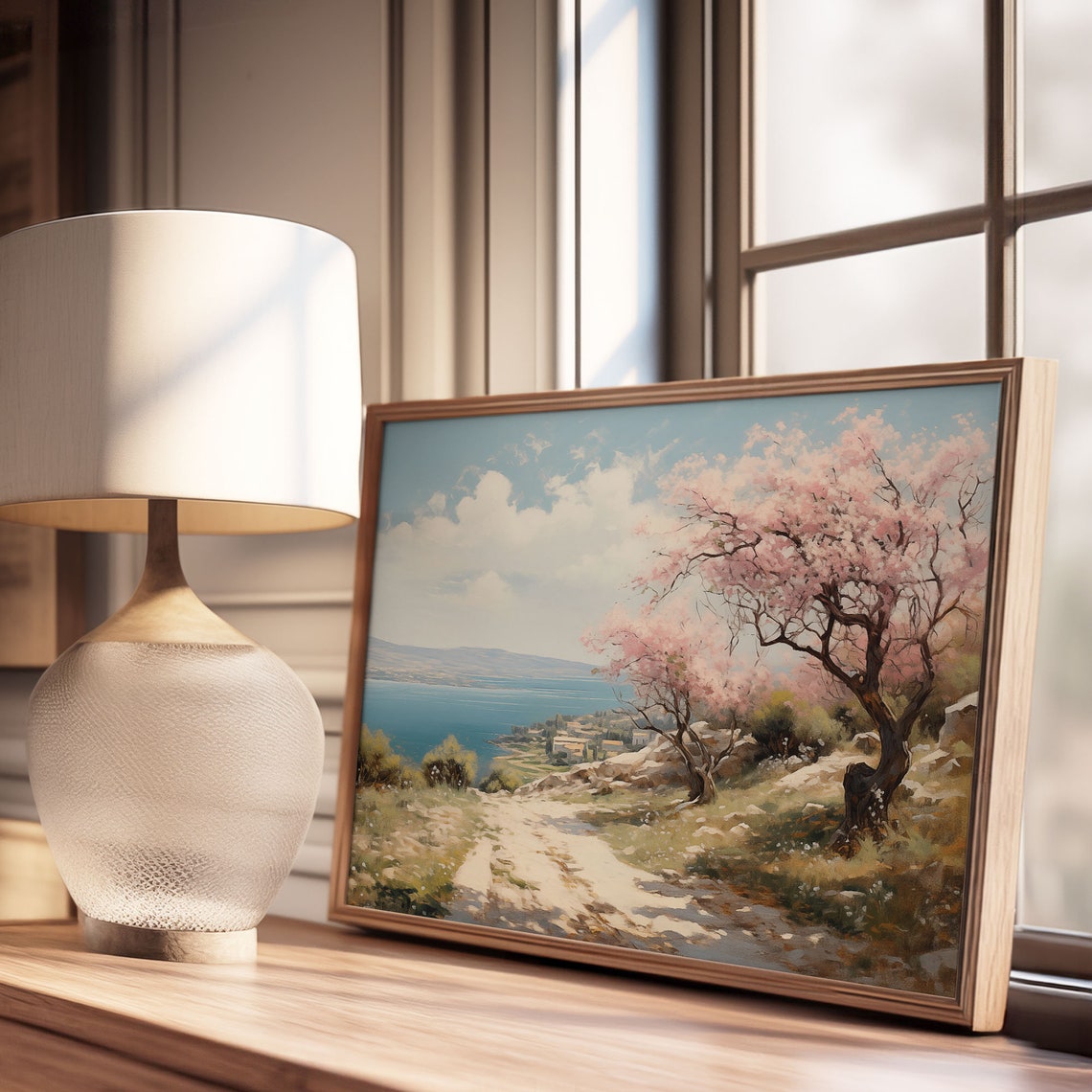 Springtime Pink Flowering Trees Coastal Road Bright Blue Bay Poster - Image 3