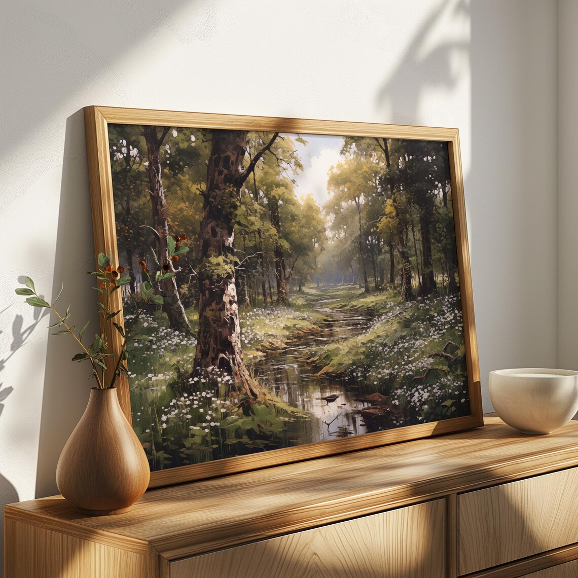 Sunlit Forest Stream Through Green Woodland Wildflowers Vintage Print - Image 4