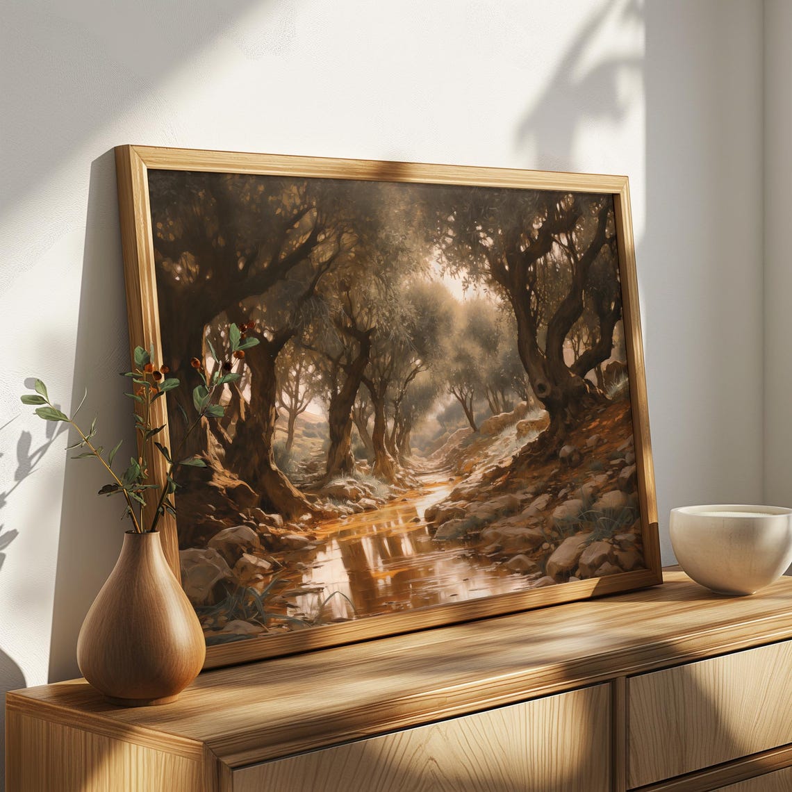 Serene Olive Grove With Reflective Stream Peaceful Mediterranean Landscape Rustic Nature Wall Art Warm Countryside Home Decor - Image 4