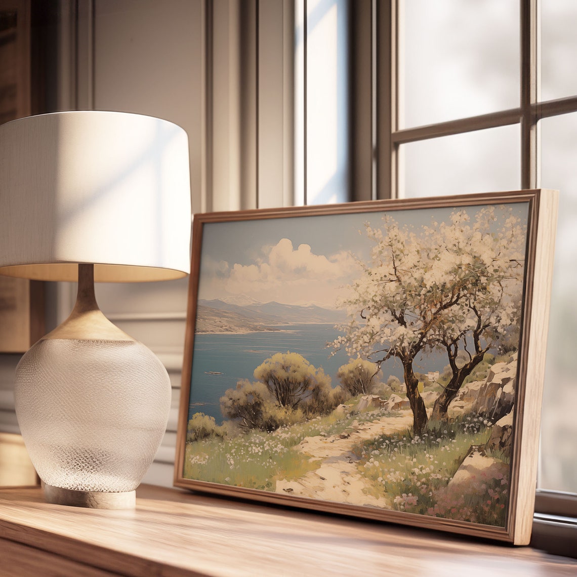 White Blossom Tree on Hillside Path Above the Bay Oil Painting Poster - Image 3