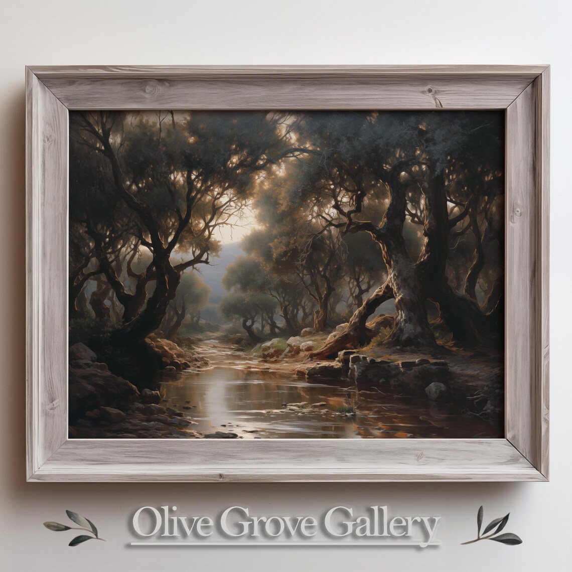 Moody Dark Forest Stream Ancient Twisted Oaks Light Oil Painting Poster