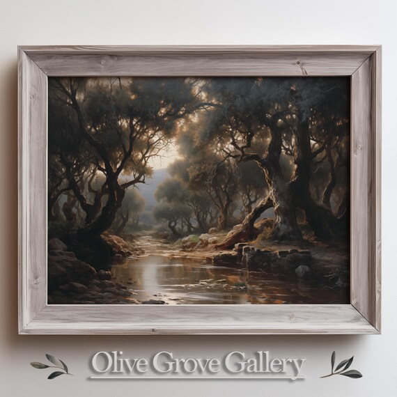 Moody Dark Forest Stream Ancient Twisted Oaks Light Oil Painting Poster