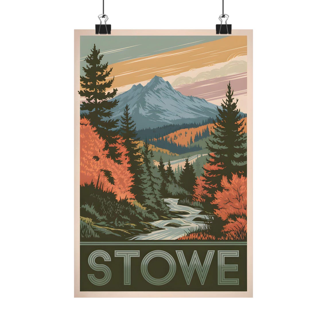 Stowe Vermont Mountain Stream Fall Foliage Vintage Travel Poster