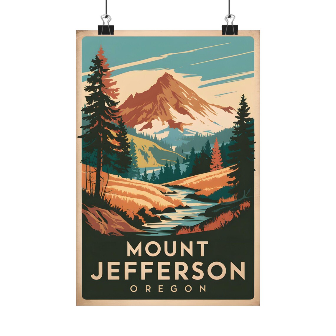 Mount Jefferson Oregon Vintage Travel Landscape Illustration Poster
