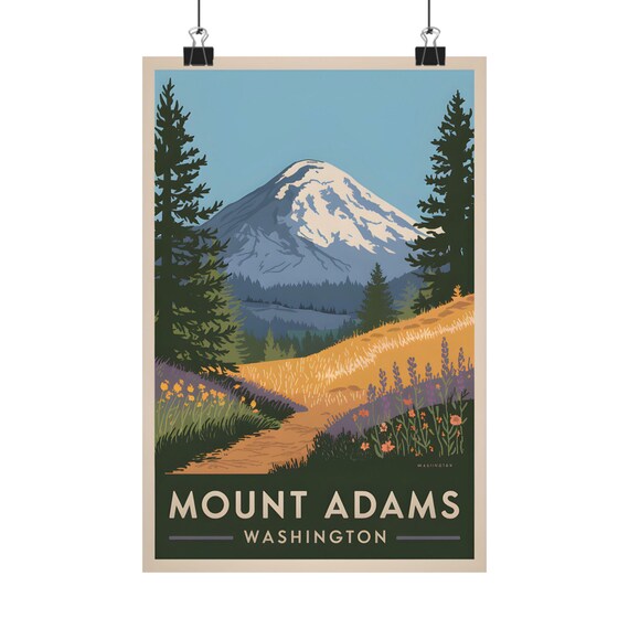 Mount Adams Washington Snow Summit Golden Meadow Vintage Art Poster
