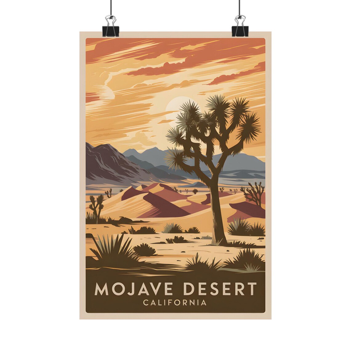 Mojave Desert California Vintage Sunset Poster Joshua Tree Dunes Scene