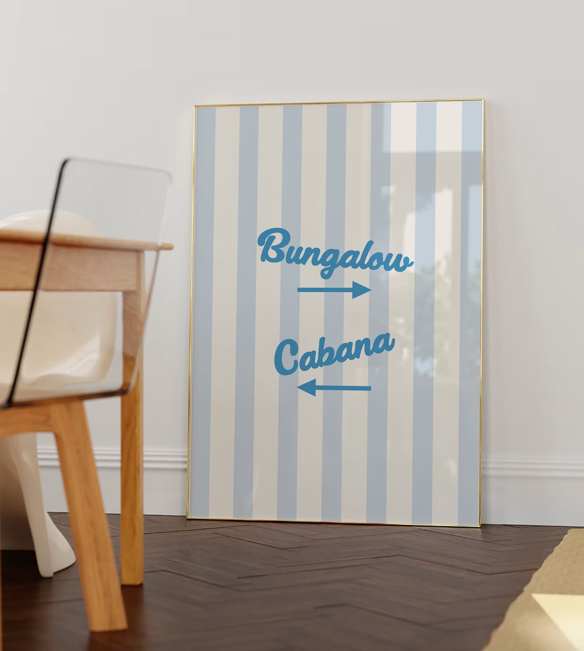 Fresh Bungalow Cabana Blue Script Coastal Striped Art Poster
