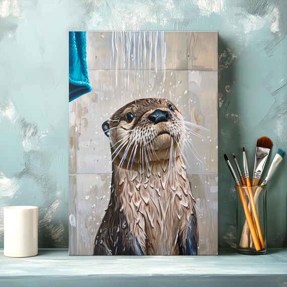 Wet Otter Portrait Happily Enjoying a Rain Shower Bathroom Poster