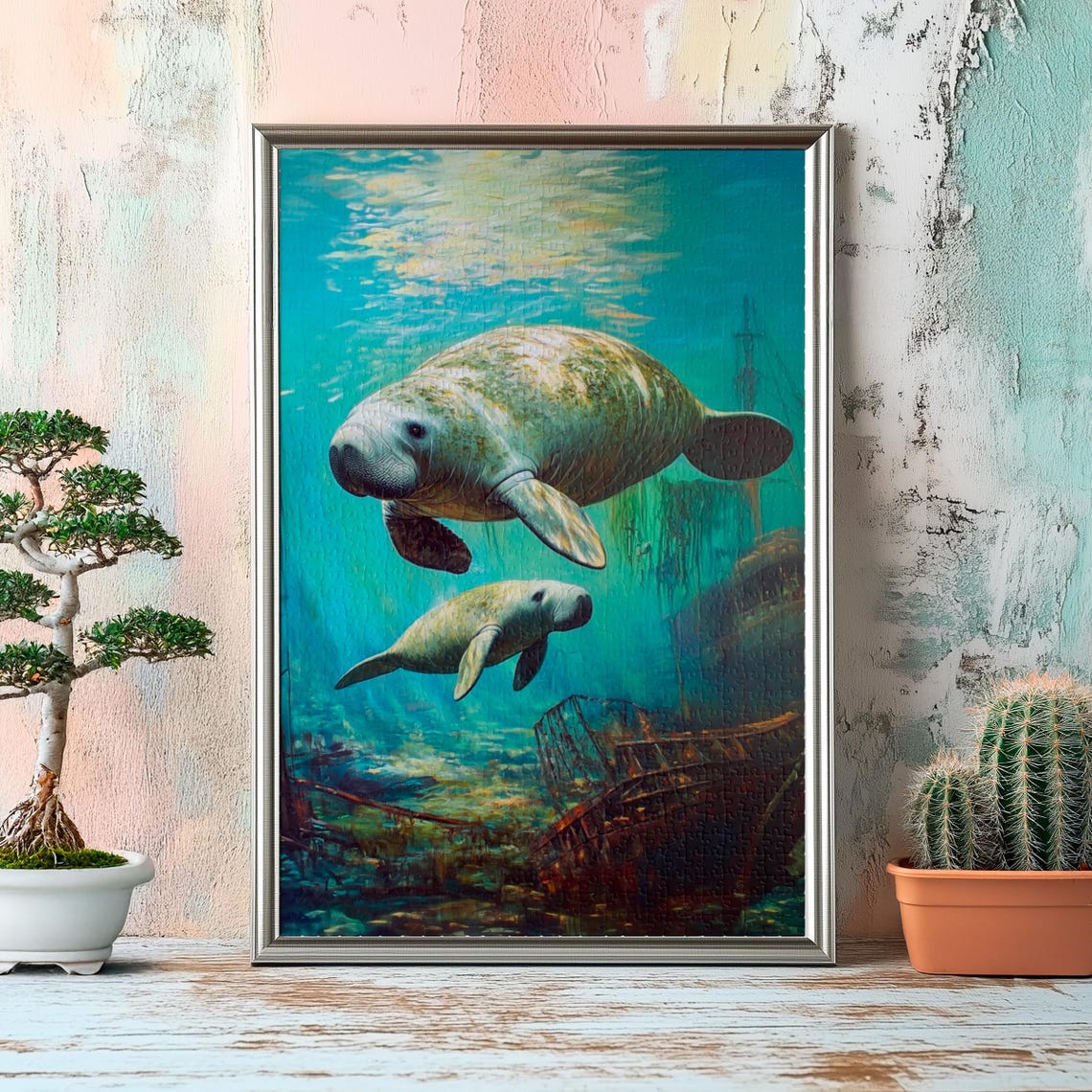Manatee Mom and Her Calf Swimming Over a Sunken Shipwreck Poster