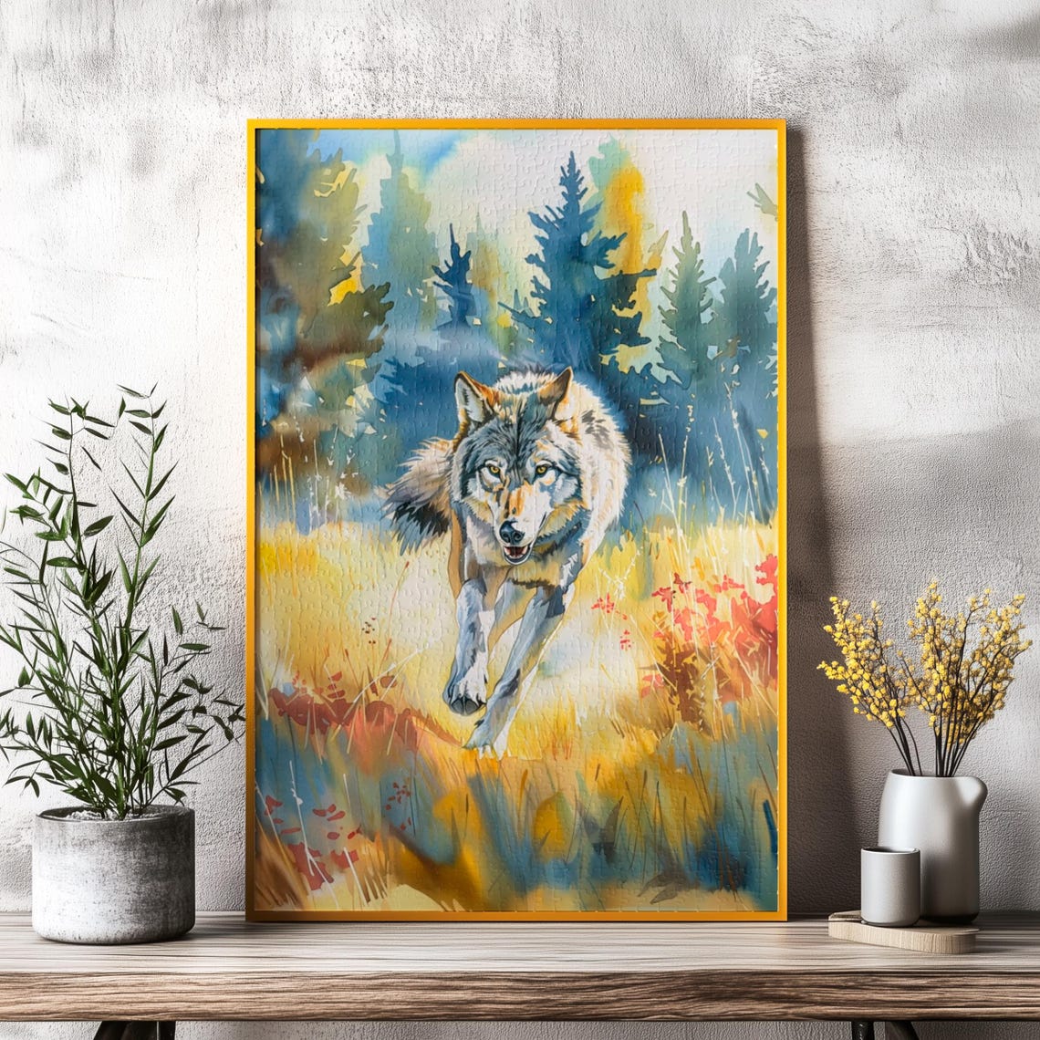 Gray Wolf Running Through A Golden Meadow Beside Pine Trees Poster