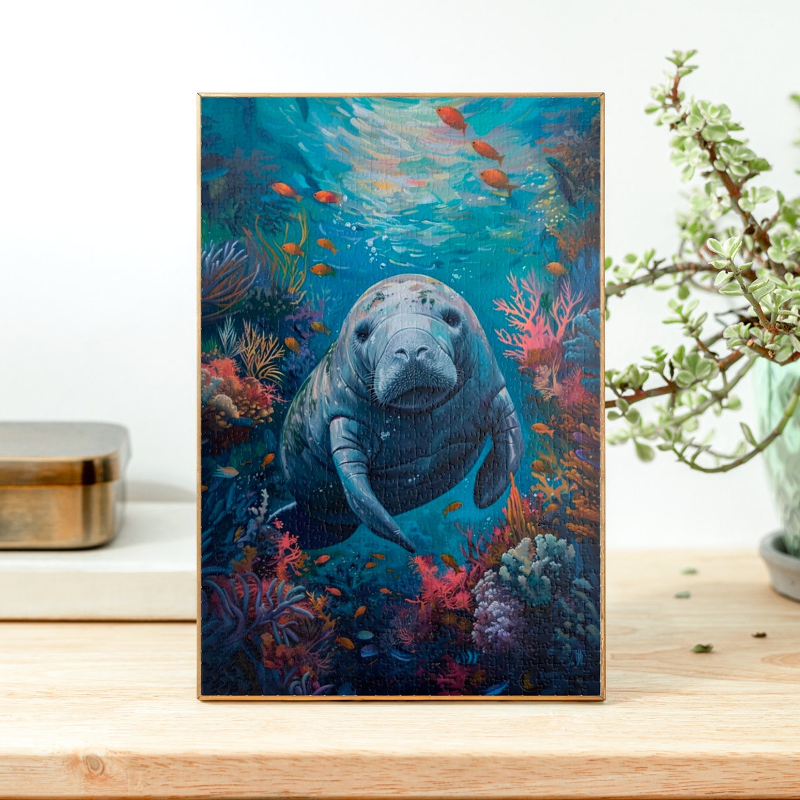 Curious Manatee Among Coral Reef Underwater Wildlife Art Poster