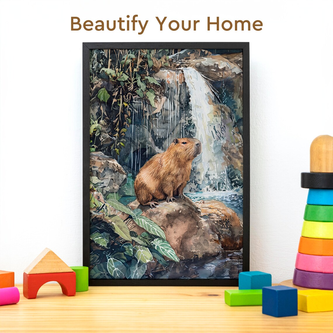 Tropical Rainforest Waterfall Capybara Watercolor Poster - Image 3