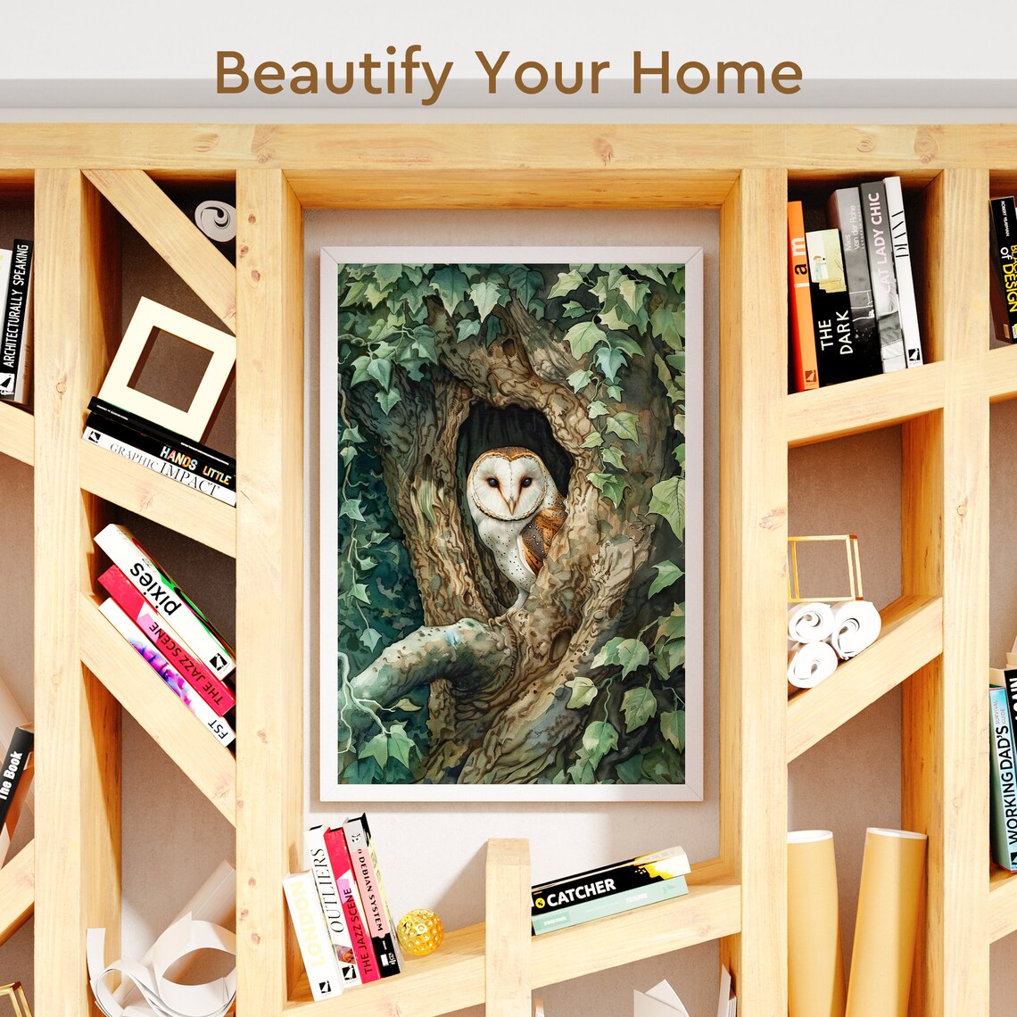 Tree Hollow Barn Owl, Vintage Forest Art Print - Image 3