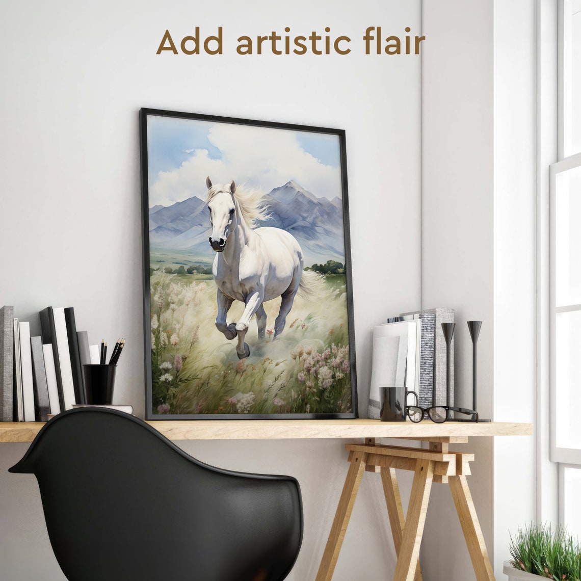 White Horse Galloping Meadow Mountain Valley Watercolor Animal Poster - Image 2