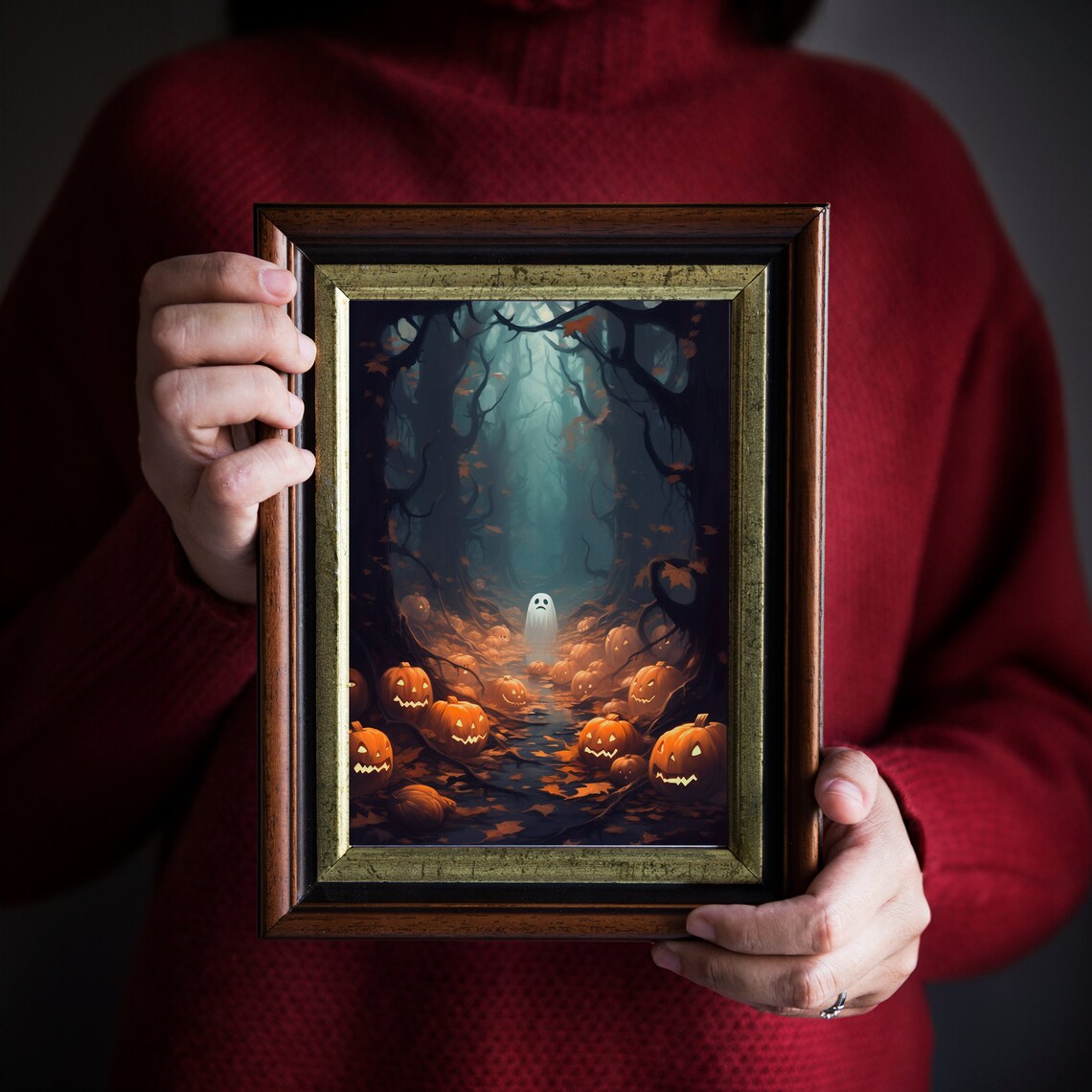 Halloween Misty Forest Ghost Jack O Lantern Pumpkin Path Vintage Poster - Image 3