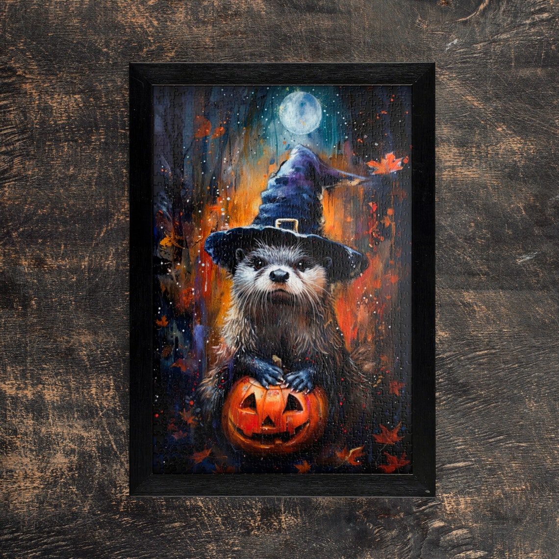 Otter in Witch Hat with Jack-o'-Lantern Under Full Moon Poster