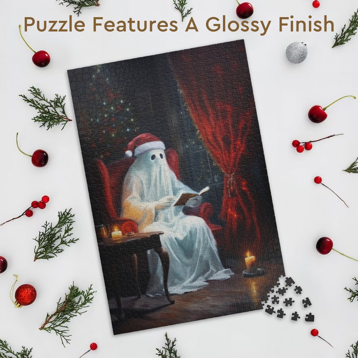 Christmas Ghost Santa Hat Reading by Tree Jigsaw Puzzle Holiday Poster - Image 3