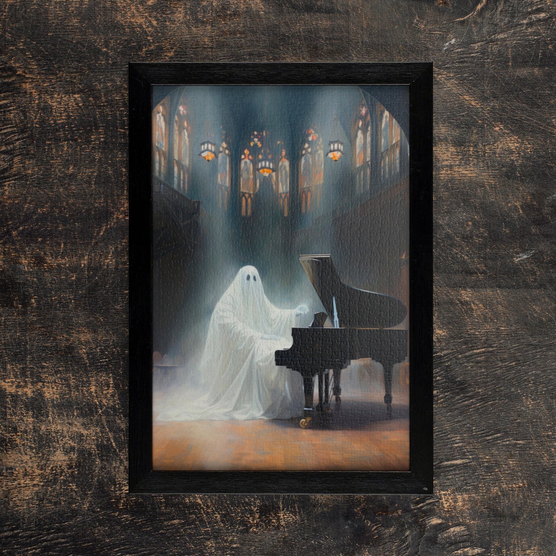 Ghost Playing a Grand Piano in a Candlelit Concert Hall Poster
