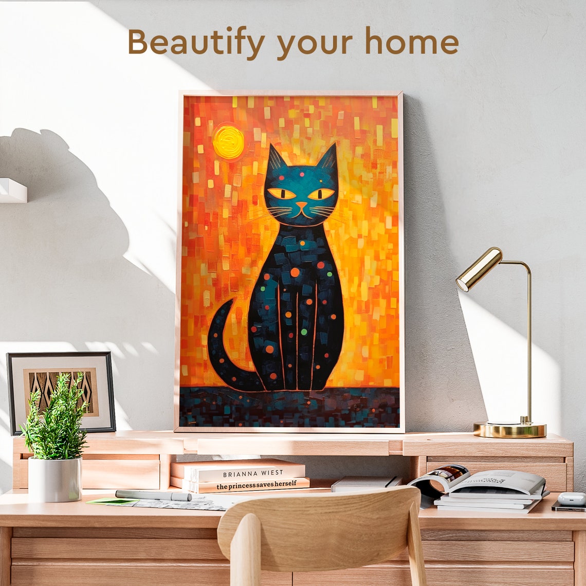 Abstract Mosaic Black Cat Fiery Orange Sunset Modern Artwork Poster - Image 3