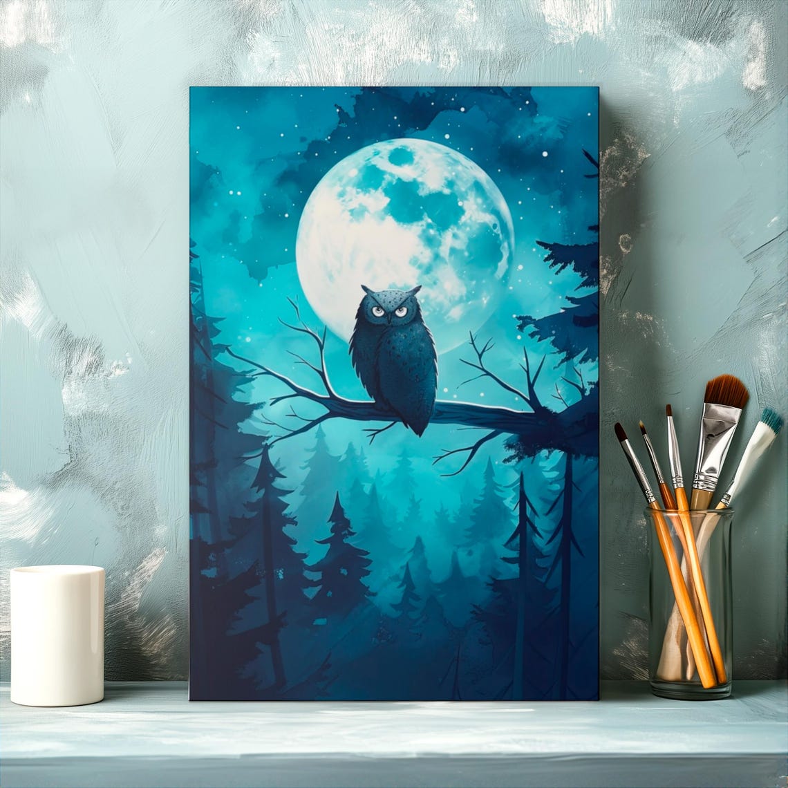 Owl Perched on a Branch Under a Full Moon in a Misty Forest Poster