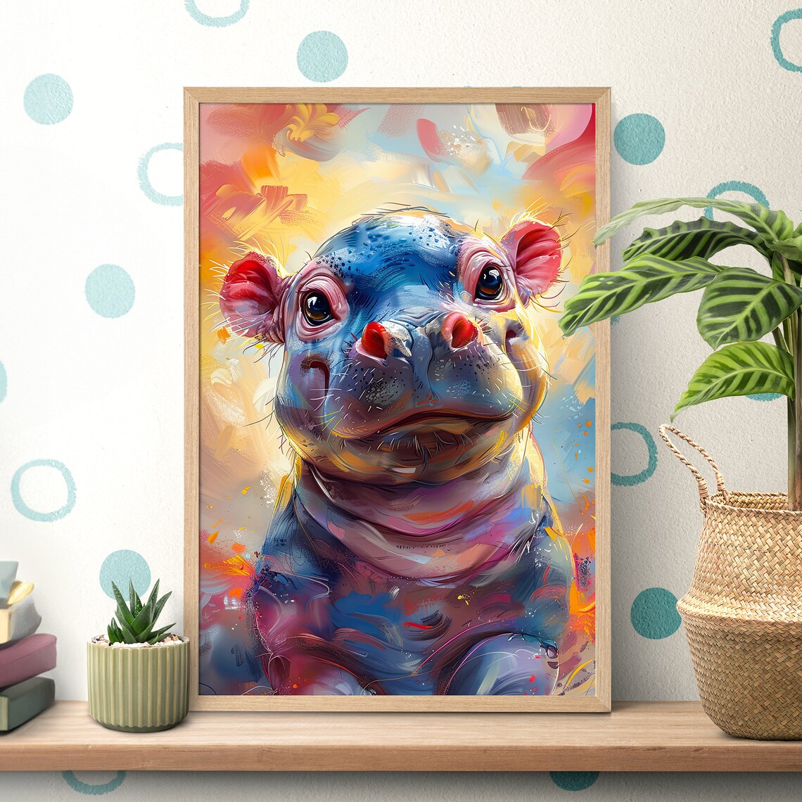 Baby Hippopotamus in a Colorful Oil Painting Portrait Poster
