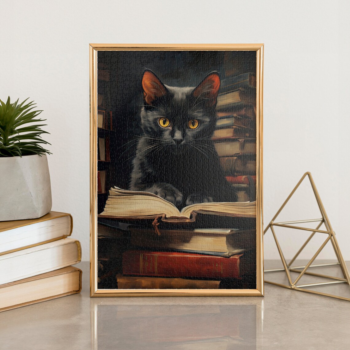 Black Cat Reading Book Jigsaw Puzzle, Family Activity