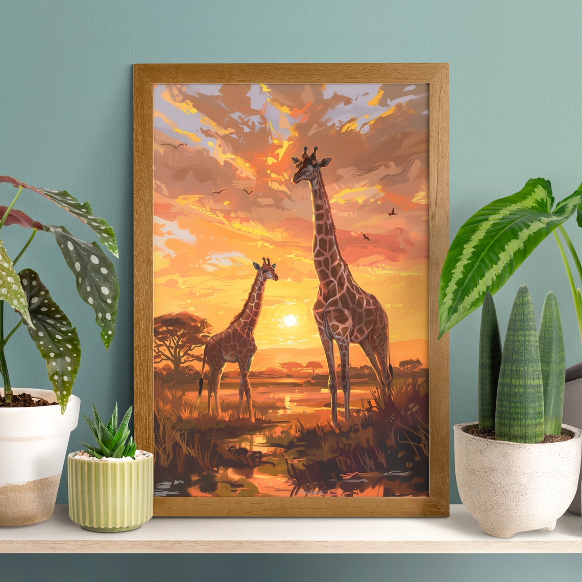 Giraffe Mother and Baby at Sunset Savannah Acacia Trees Scene Poster