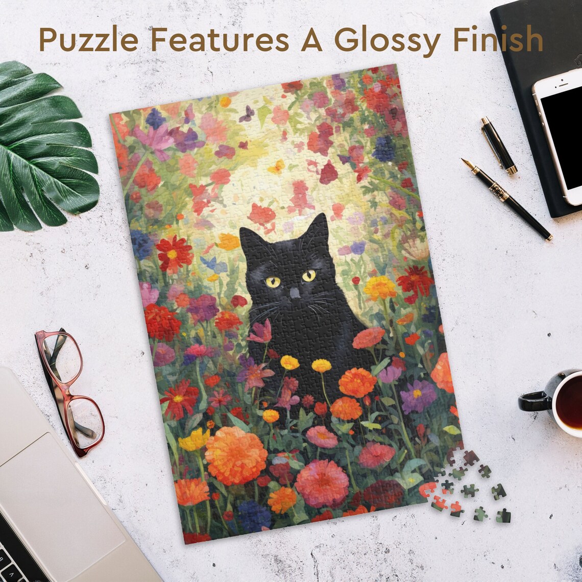 Black Cat Garden Flowers Jigsaw Puzzle Art Print - Image 3
