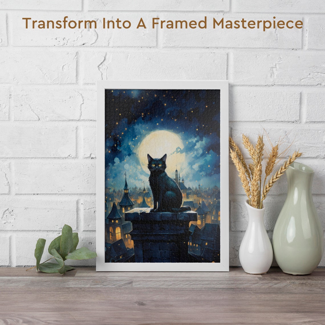 Black Cat Silhouette on a Rooftop Ledge Under the Full Moon Poster - Image 2