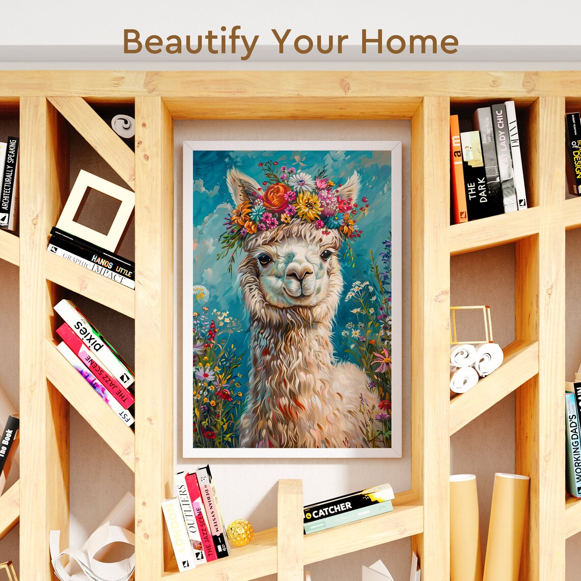 Floral Crown Llama Alpaca, Bohemian Art Print - Image 3