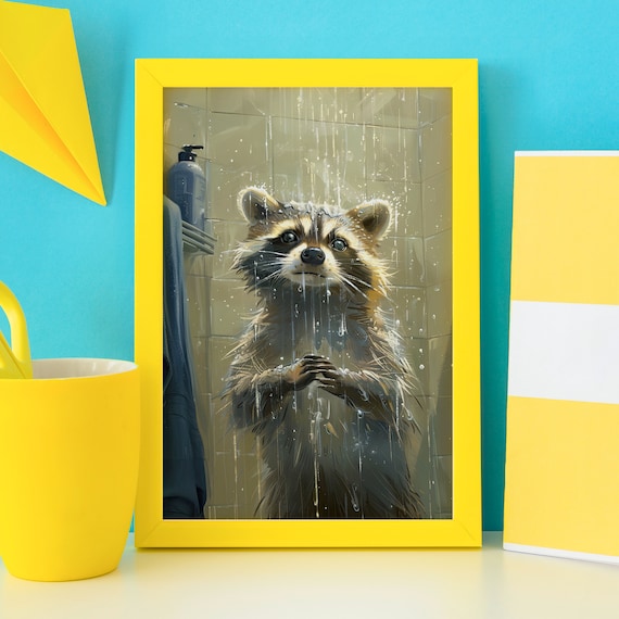 Wet Raccoon Taking a Shower Funny Bathroom Animal Portrait Poster