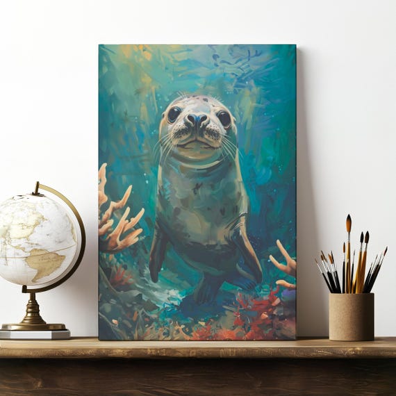 Cute Curious Seal Aquarium Wall Art Matte Stretched 075 Seal Lover Baby Seal Print Harbor Seal Painting Nautical Nursery Decor