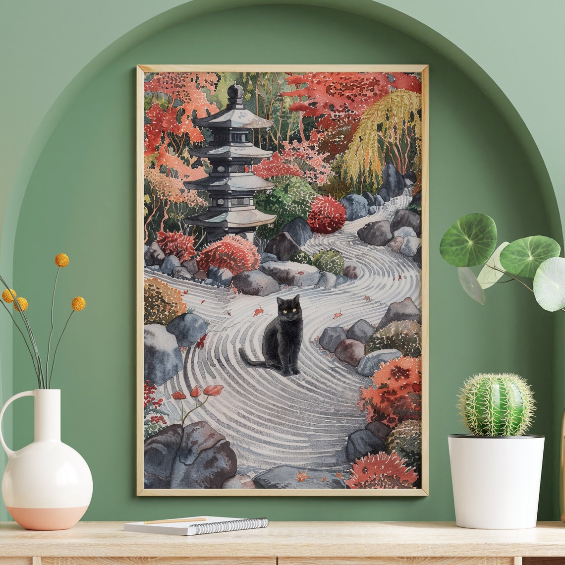 Black Cat Resting in a Japanese Zen Garden with Pagoda Poster
