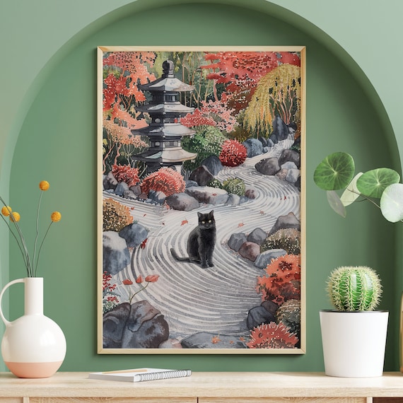 Black Cat Resting in a Japanese Zen Garden with Pagoda Poster