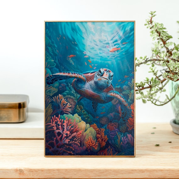 Graceful Sea Turtle Gliding Over Coral Reef Ocean Wildlife Poster