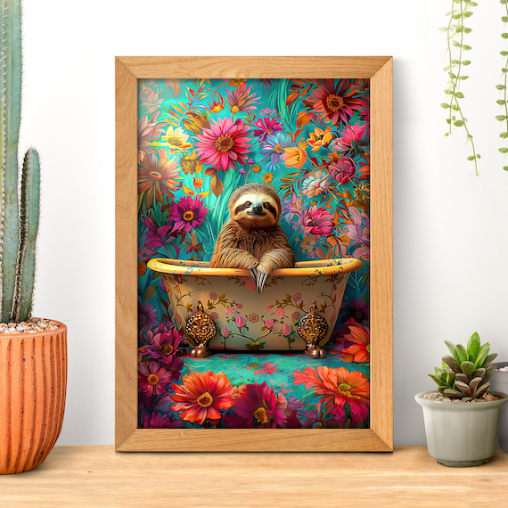 Sloth Relaxing in Floral Bathtub Tropical Flower Bath Poster
