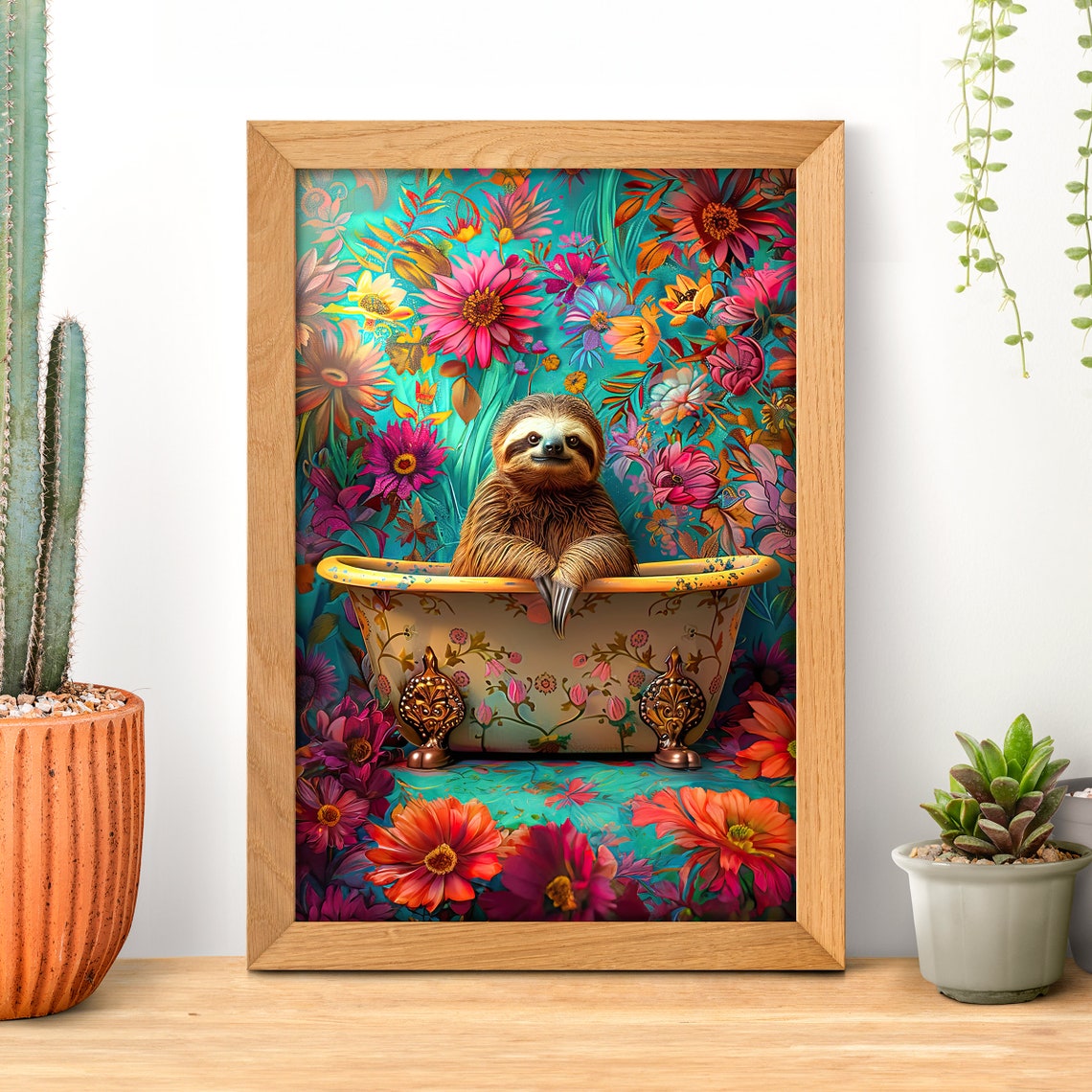 Sloth Relaxing in Floral Bathtub Tropical Flower Bath Poster