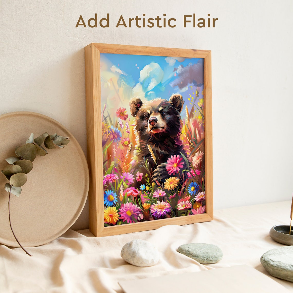 Bear Cub Sitting in a Meadow Field of Colorful Wildflowers Poster - Image 2