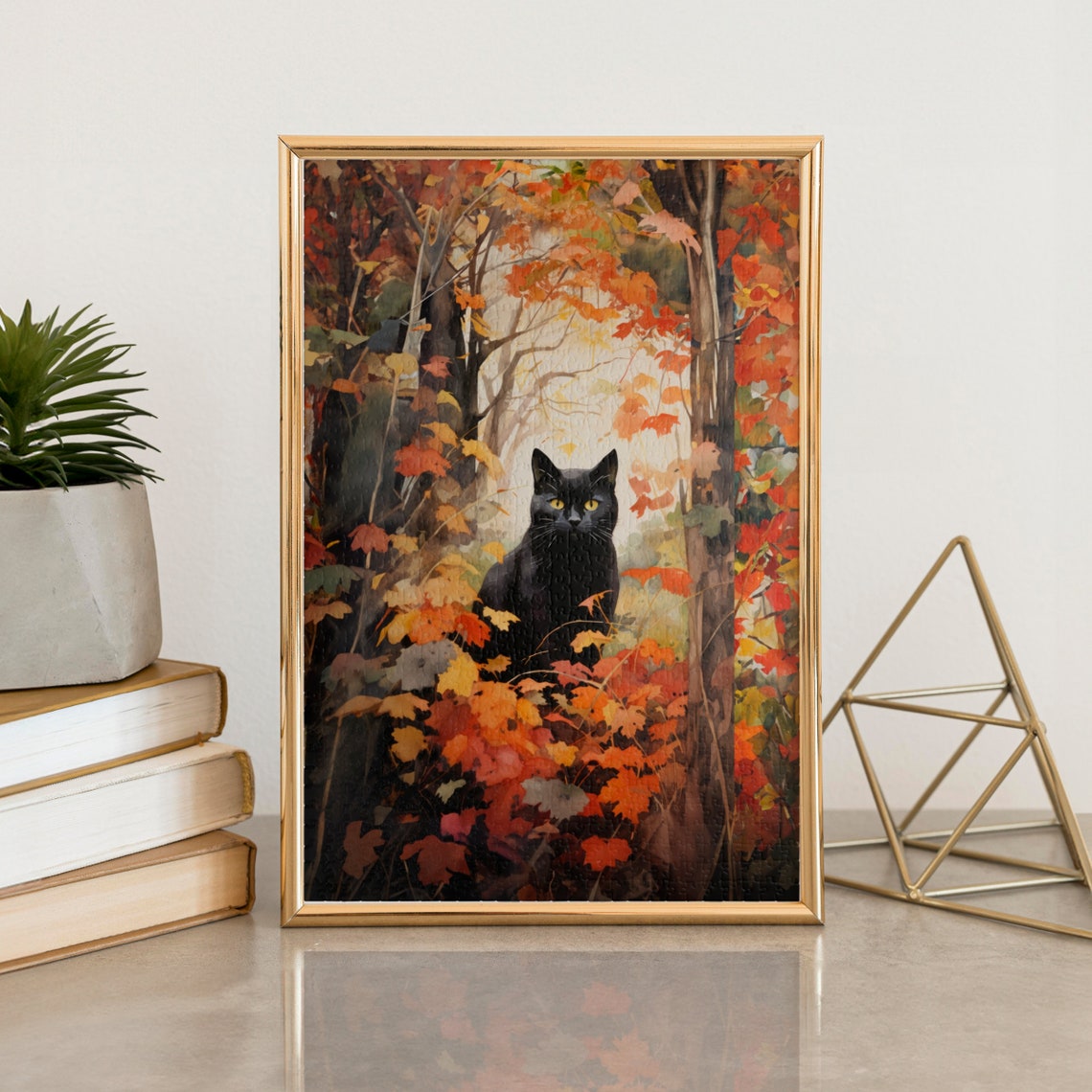 Black Cat Autumn Leaves Forest Fall Foliage Jigsaw Puzzle Art Poster