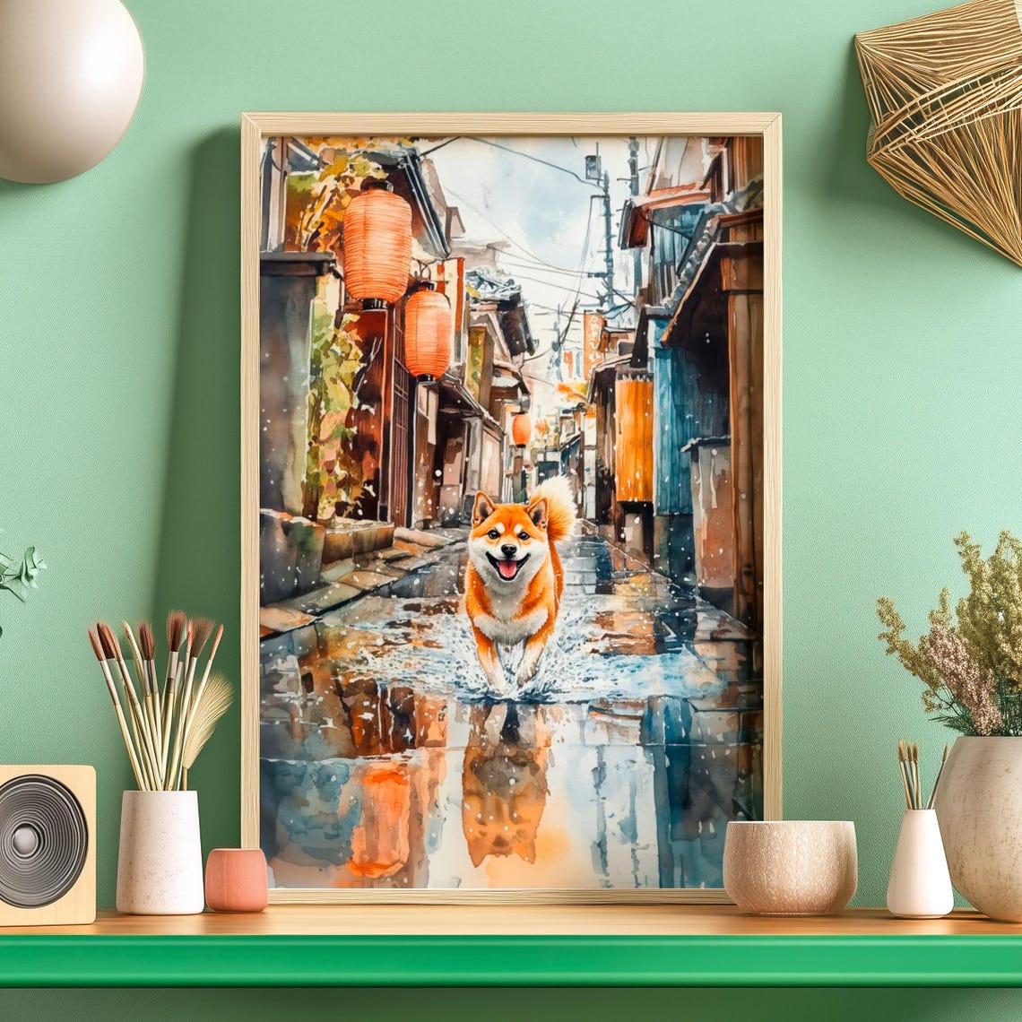 Happy Shiba Inu Splashing Through A Puddle On A Rainy Street Poster