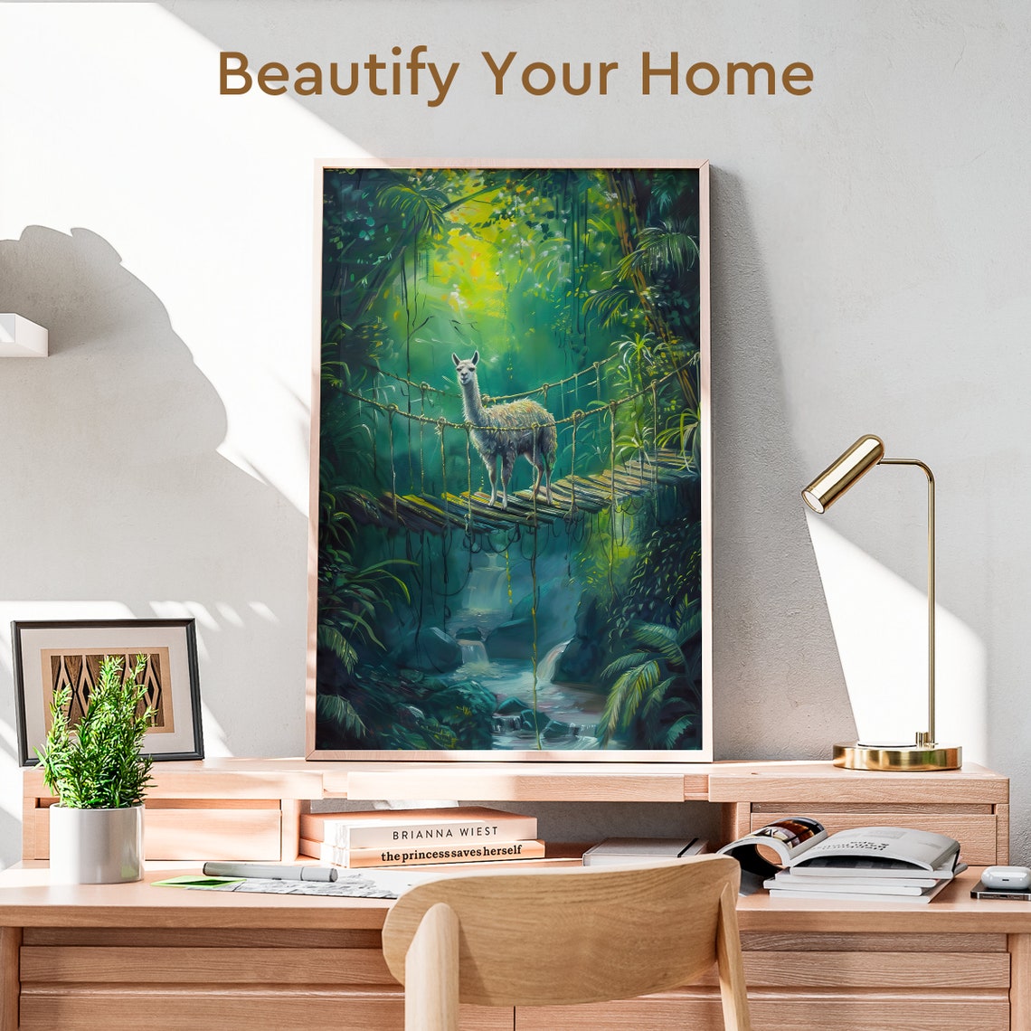 Adventurous Llama Crossing a Rope Bridge Over a Jungle Gorge Poster - Image 3