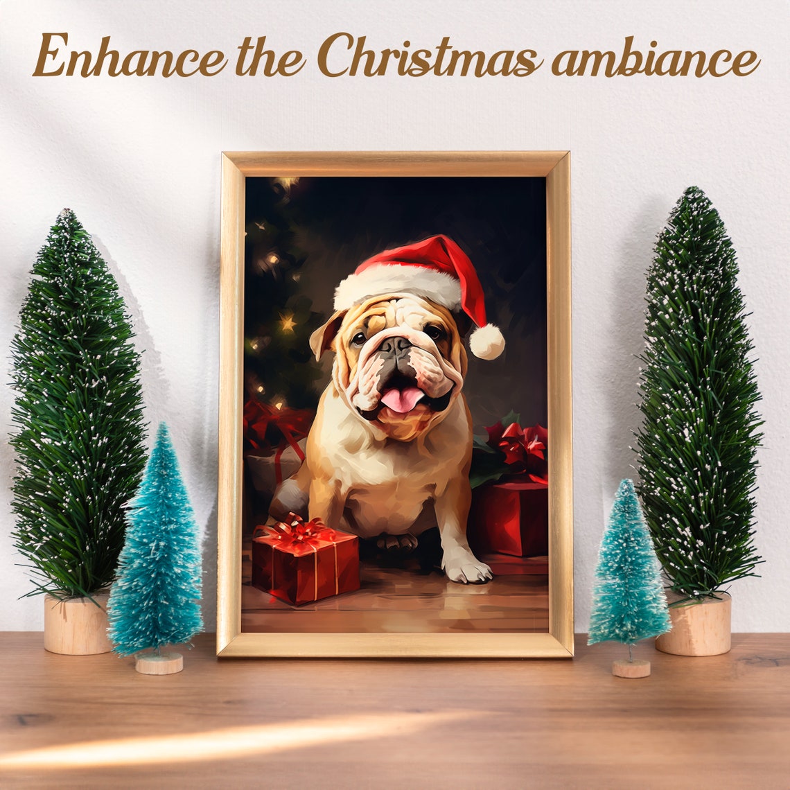 Happy Bulldog Wearing Santa Hat Christmas Gifts Dog Portrait Poster - Image 3
