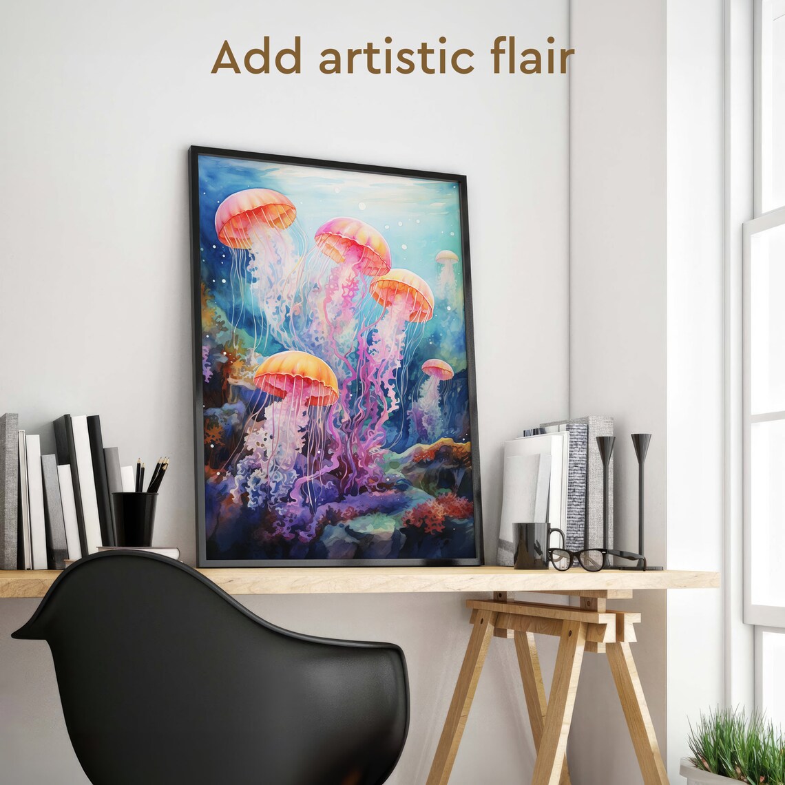 Pink Jellyfish Swarm Coral Reef Watercolor Ocean Marine Life Poster - Image 2