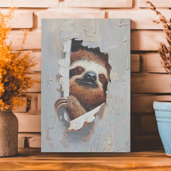 Smiling Sloth Peeking Through Torn White Paper With Curious Eyes Surprise Poster