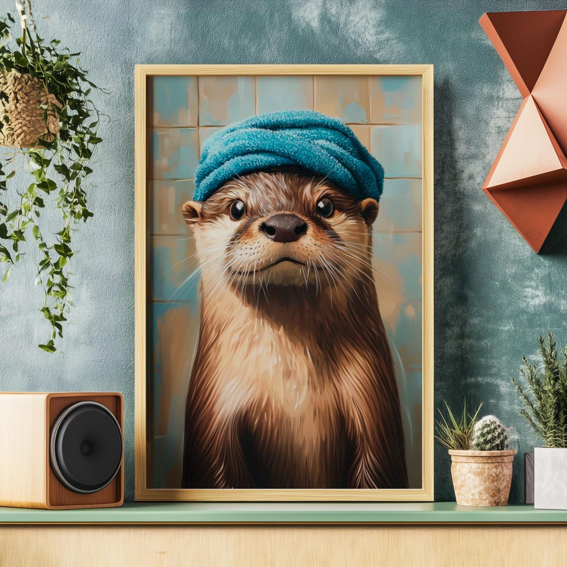 Cute Otter Wearing a Blue Towel Turban Bathroom Portrait Poster