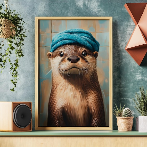 Cute Otter Wearing a Blue Towel Turban Bathroom Portrait Poster