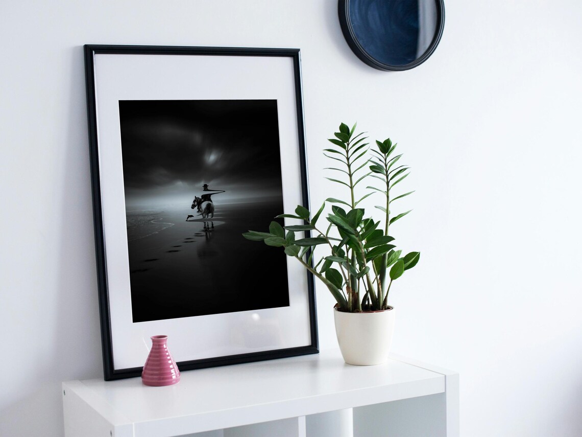 Surreal Horse Rider on a Dark Beach, Minimalist Art Print - Image 2