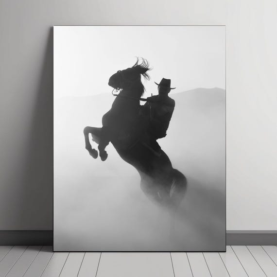 Cowboy Silhouette On Rearing Horse Art Print